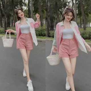 Set đồ bộ nữ áo croptop kèm khoác dài tay cổ sơ mi mix quần short ống đứng sanh chảnh, cá tính