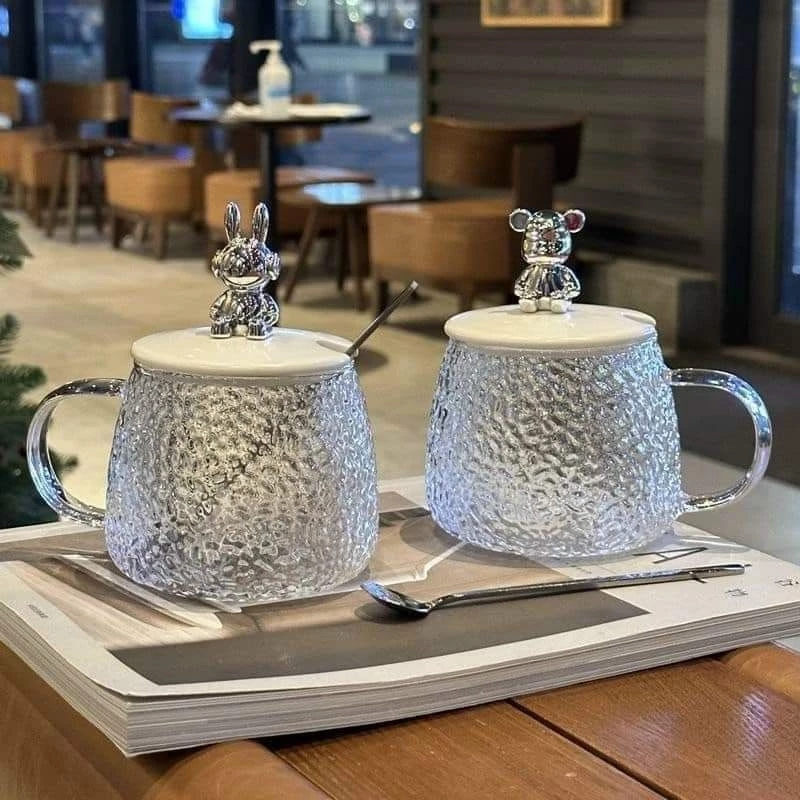 Cốc nước thủy tinh nắp gấu kèm thìa chịu nhiệt cao Phong cách Bắc Âu
