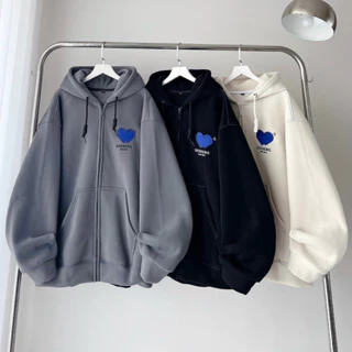 Áo khoác nỉ form rộng có dây kéo chống nắng bốn mùa mặc đều oki, Áo khoác hoodie & sweater unisex họa tiết hình tim phối