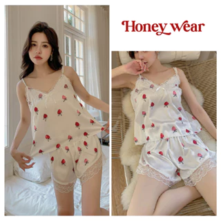 [HÀNG MỚI VỀ] Đồ Ngủ Lụa 2 Dây Dâu Đỏ Mặc Nhà Nữ Phong Cách Gợi Cảm Honey Wear Bộ Đồ Ngủ Ngọt Ngào Cổ V Mềm Mại B01