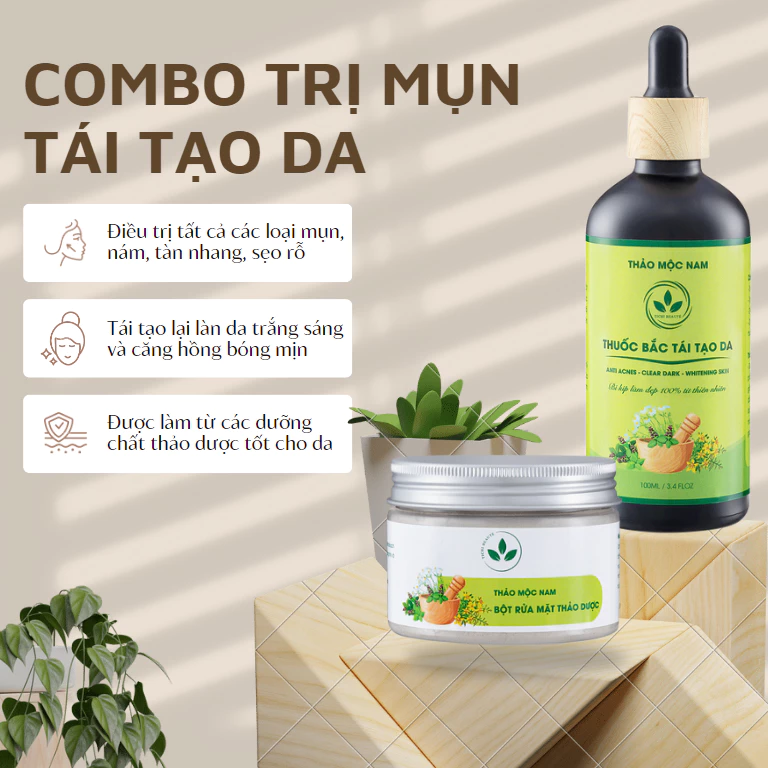 Combo Thảo dược tái tạo da gia truyền Handmade + Bột rửa mặt thảo dược ngừa mụn - thâm - nám