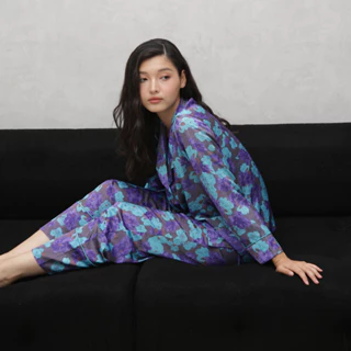 Bộ Ngủ Pyjama Lụa Lạnh Hoa Tay Dài Màu Tím Xanh Mặc Nhà / Night Veil Floral PJ - After Bath PJ057