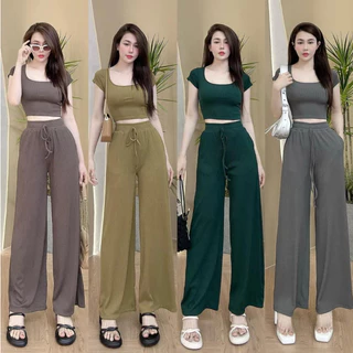 Đồ bộ nữ, set đồ bộ thun gân dày, quần ống rộng có túi và áo croptop ôm ngắn tay cổ vuông, bộ đồ mặc nhà, quần áo nữ