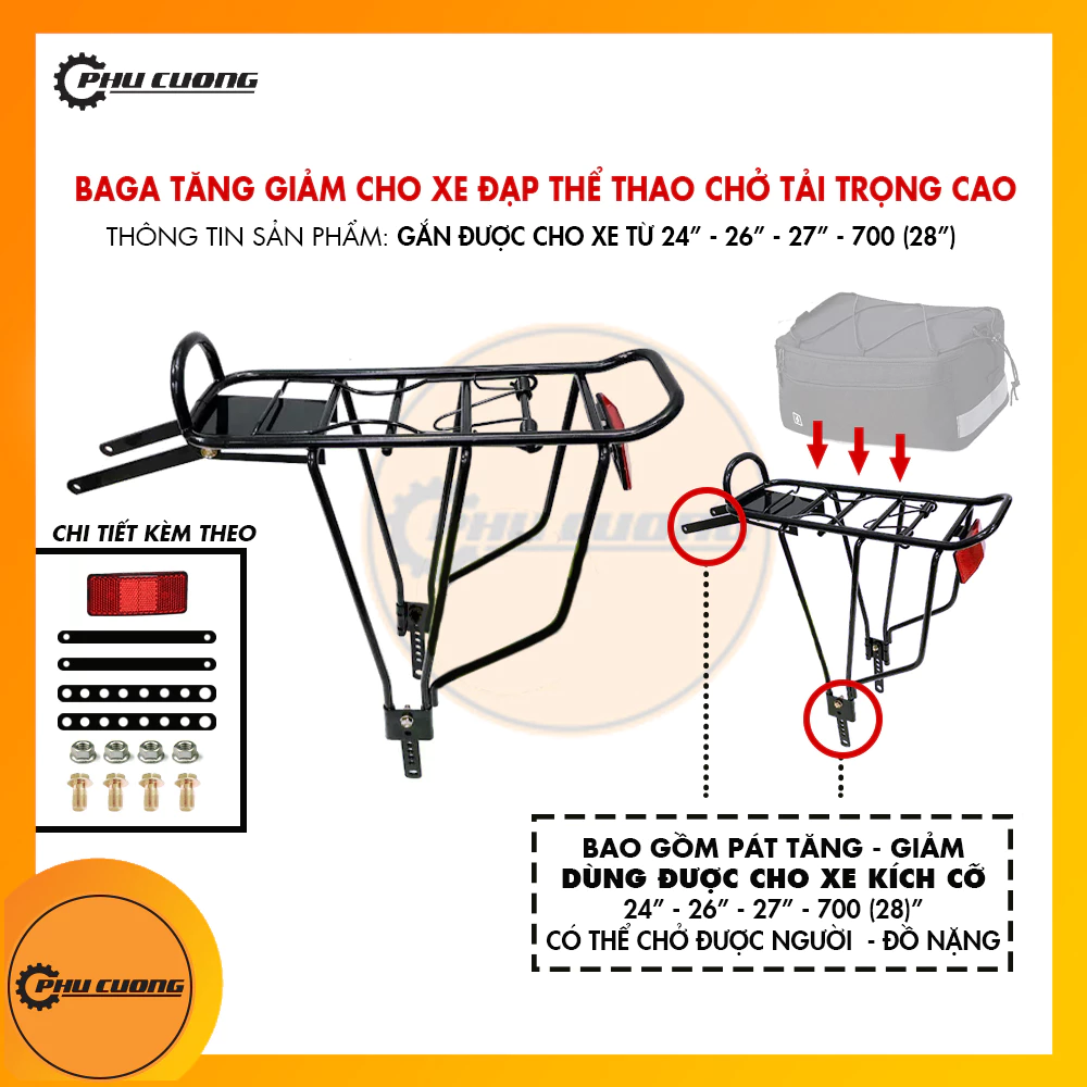 Baga thép chở tải trọng cao cho xe đạp thể thao - Dùng được cho xe kích cỡ từ 24"-26"-27"-700 ( 28")