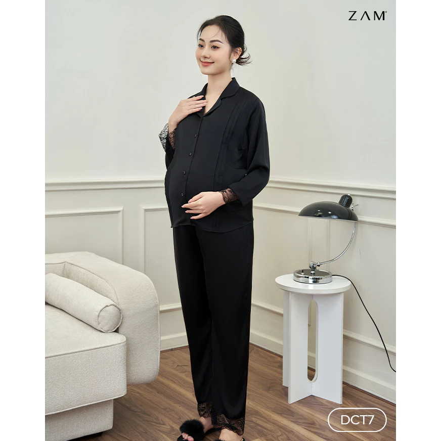 Bộ ngủ satin ZAM - Áo dài tay mặc bầu và sau sinh
