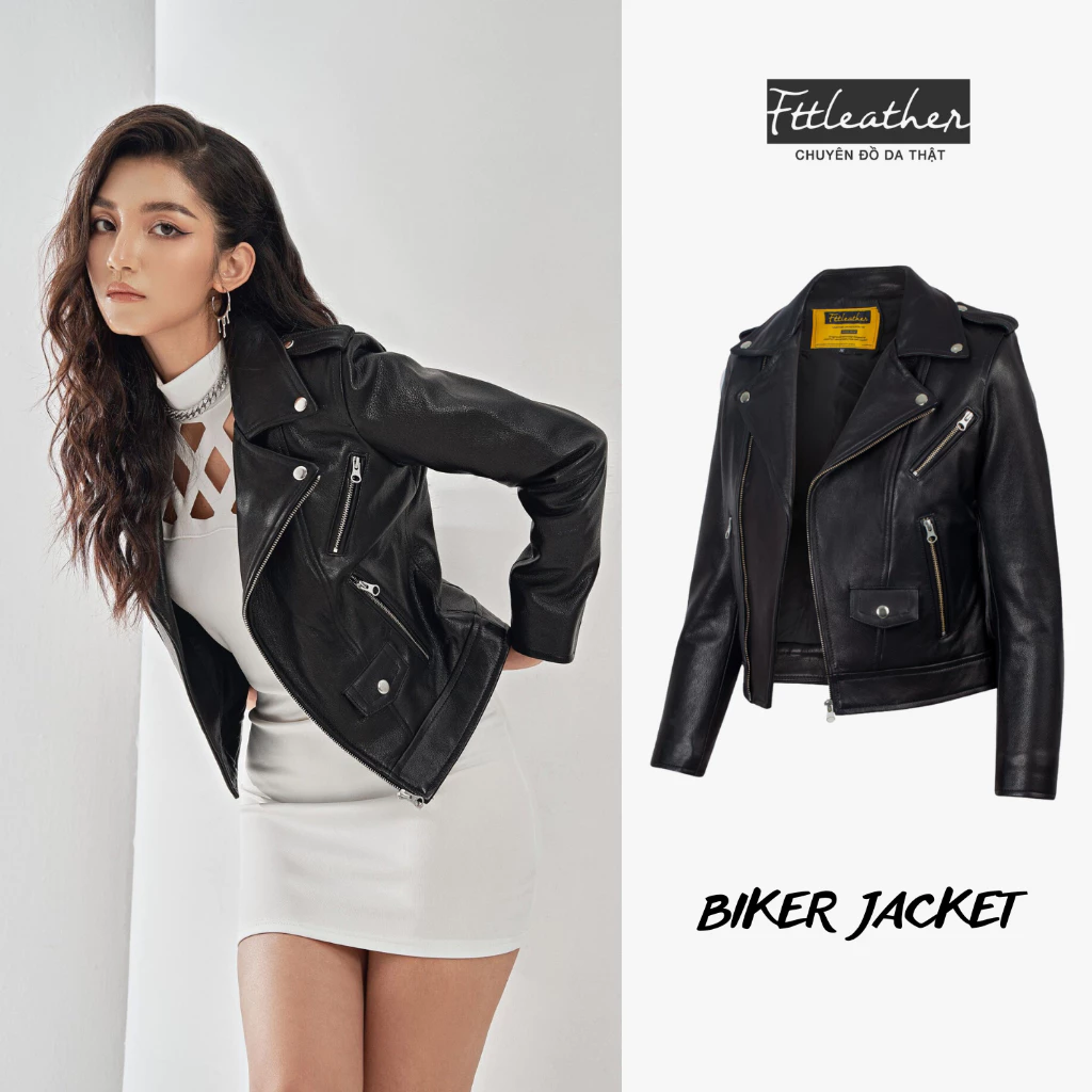Áo Da Nữ Da Cừu FTT Leather Biker Jacket Cúc Khoá Trắng Cao Cấp, Trẻ Trung