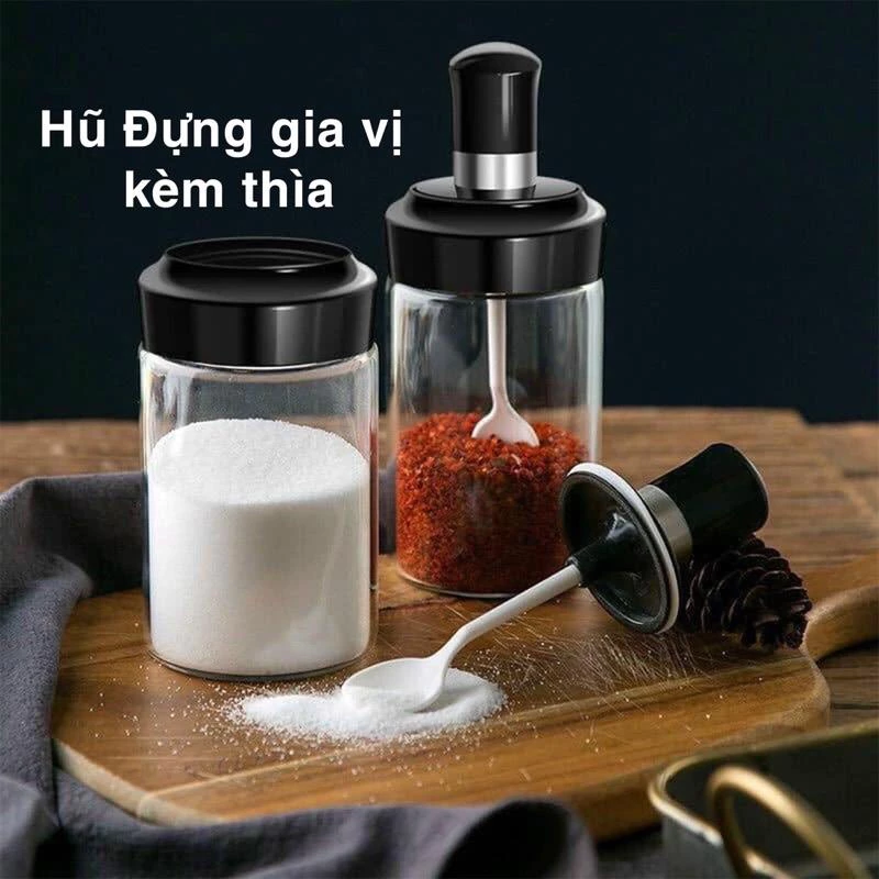 Lọ đựng Gia Vị có lắp kèm thìa, Thủy Tinh cao cấp lắp đậy kín đáo vệ sinh an toàn - Gia Dụng Đức Bảo