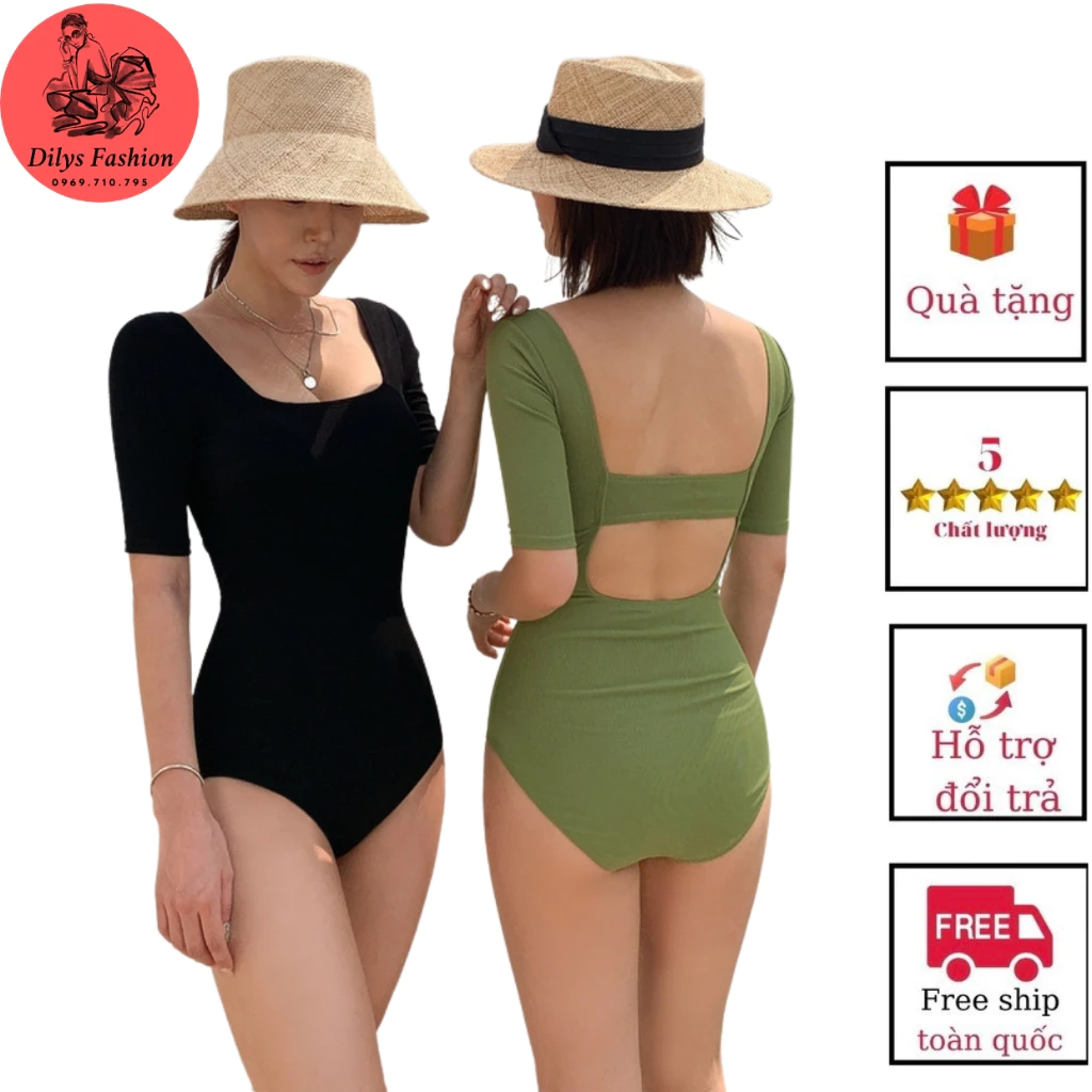 Bikini 1 mảnh kín đáo DILYSFASHION ĐB04, Đồ bơi nữ liền thân tay ngắn khoét lưng dây ngang 2 màu xanh và đen trẻ trung