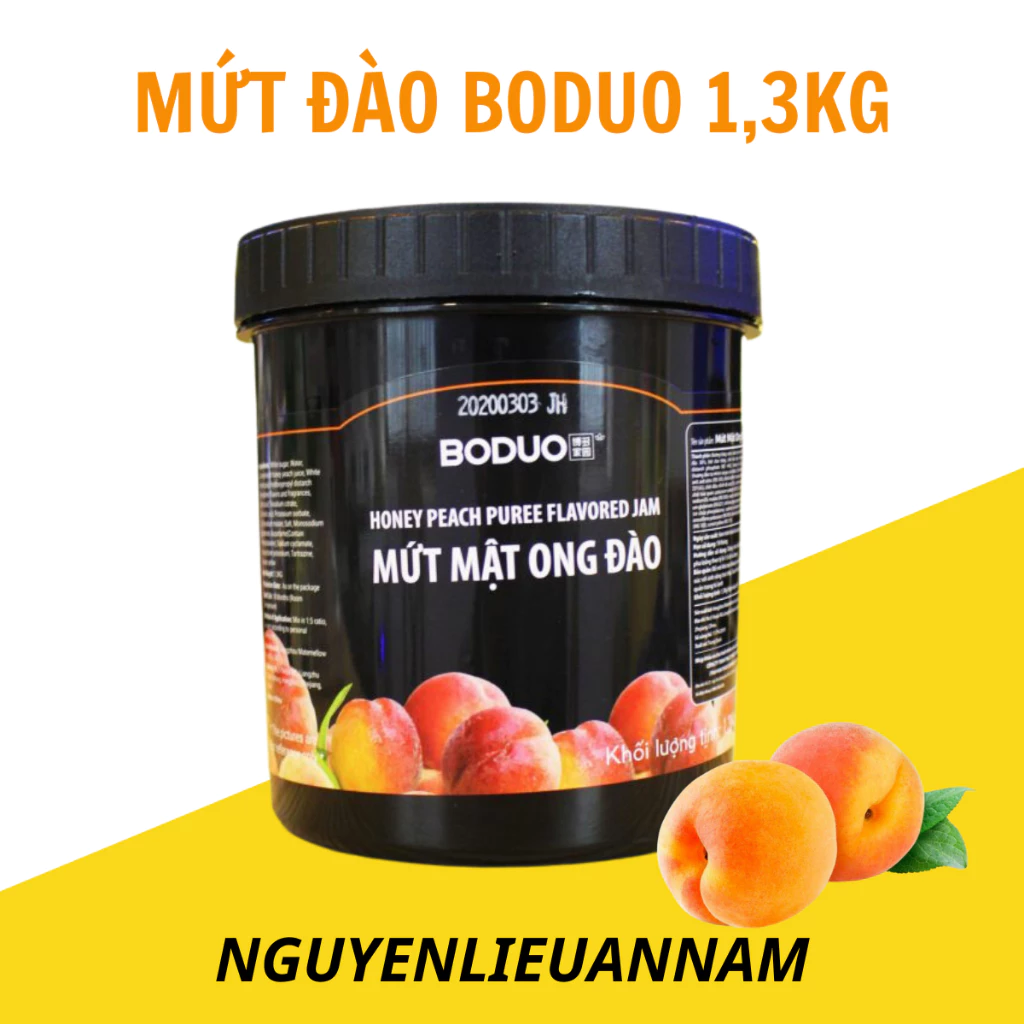 Mứt ĐÀO Boduo hộp 1,3kg hương vị tự nhiên, chuyên dùng trong pha chế