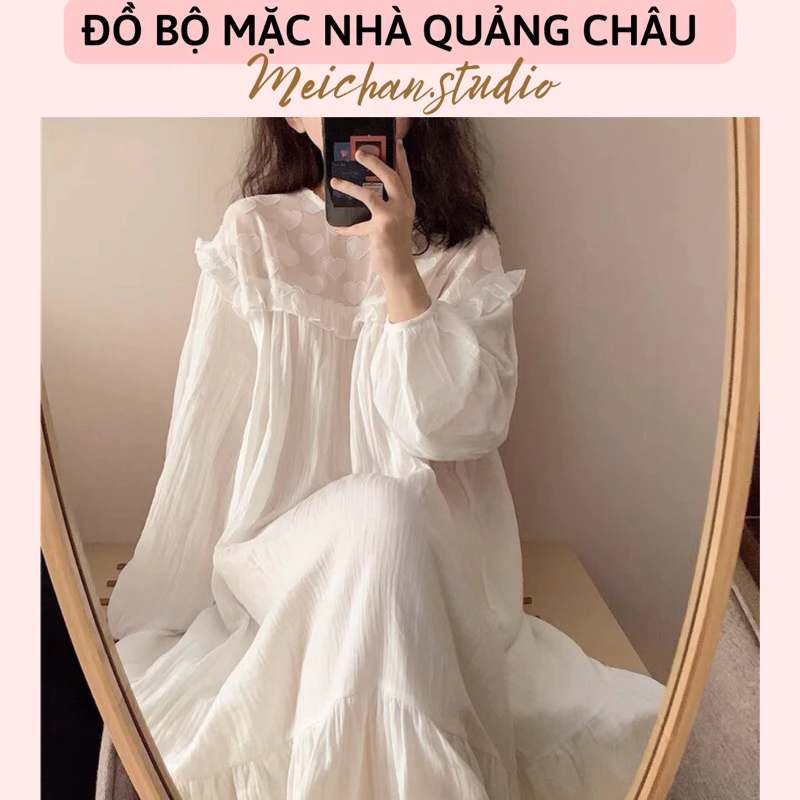 [ QCCC HÀNG LOẠI 1 - ẢNH THẬT ] VÁY NGỦ TIỂU THƯ Dáng Xuông XÔ MUSLIN Tay Phồng Hoạ Tiết Trái Tim Quảng Châu