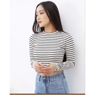 Áo croptop tay dài cổ tròn sọc ngang