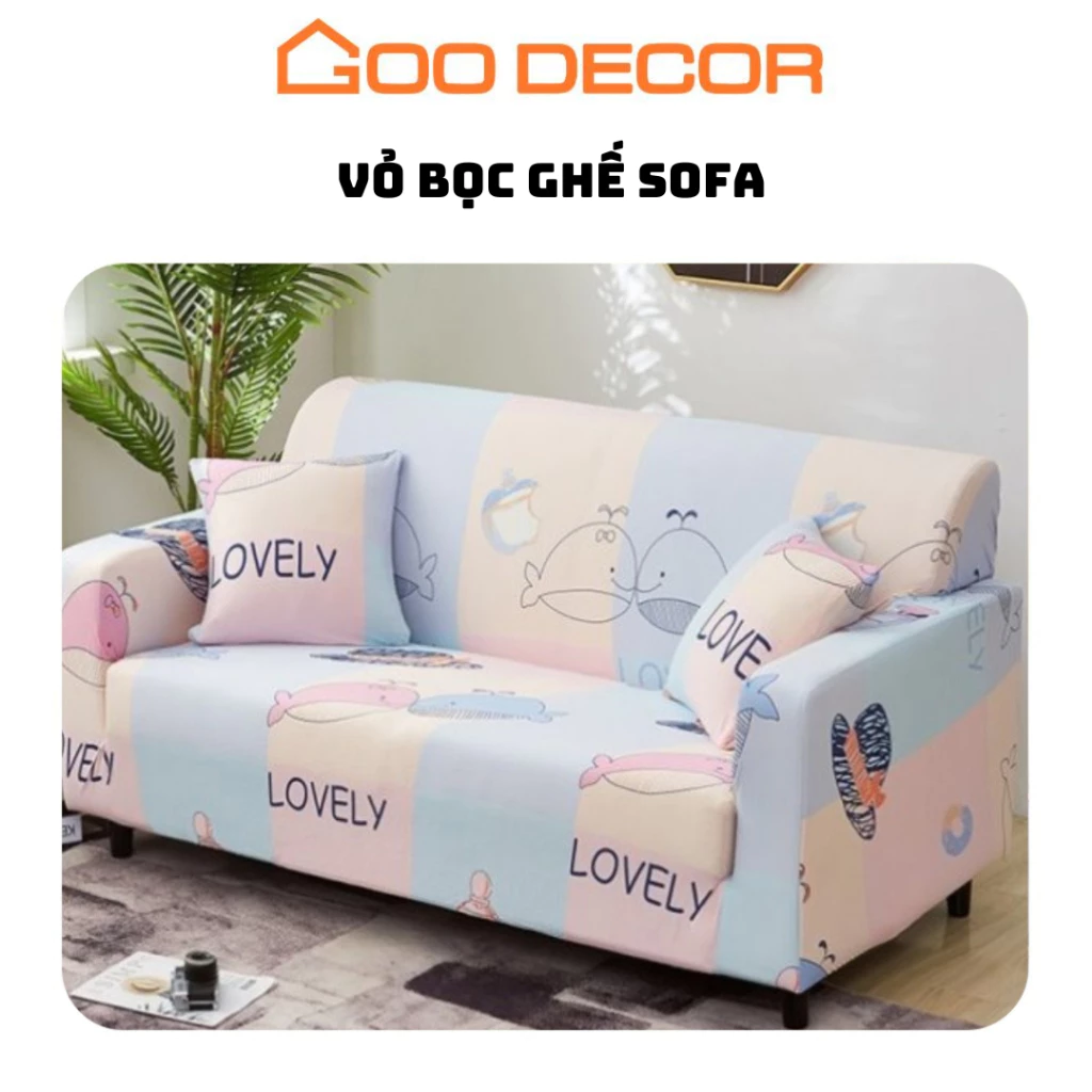 Bọc sofa họa tiết cá heo, bọc ghế sofa đơn, chữ L vải thun sữa co giãn - GOO Decor