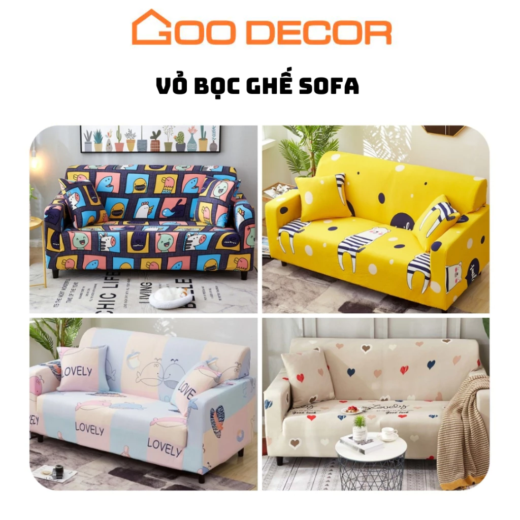Bọc sofa GOO Decor họa tiết đáng yêu, bọc ghế sofa đơn, chữ L vải thun sữa co giãn