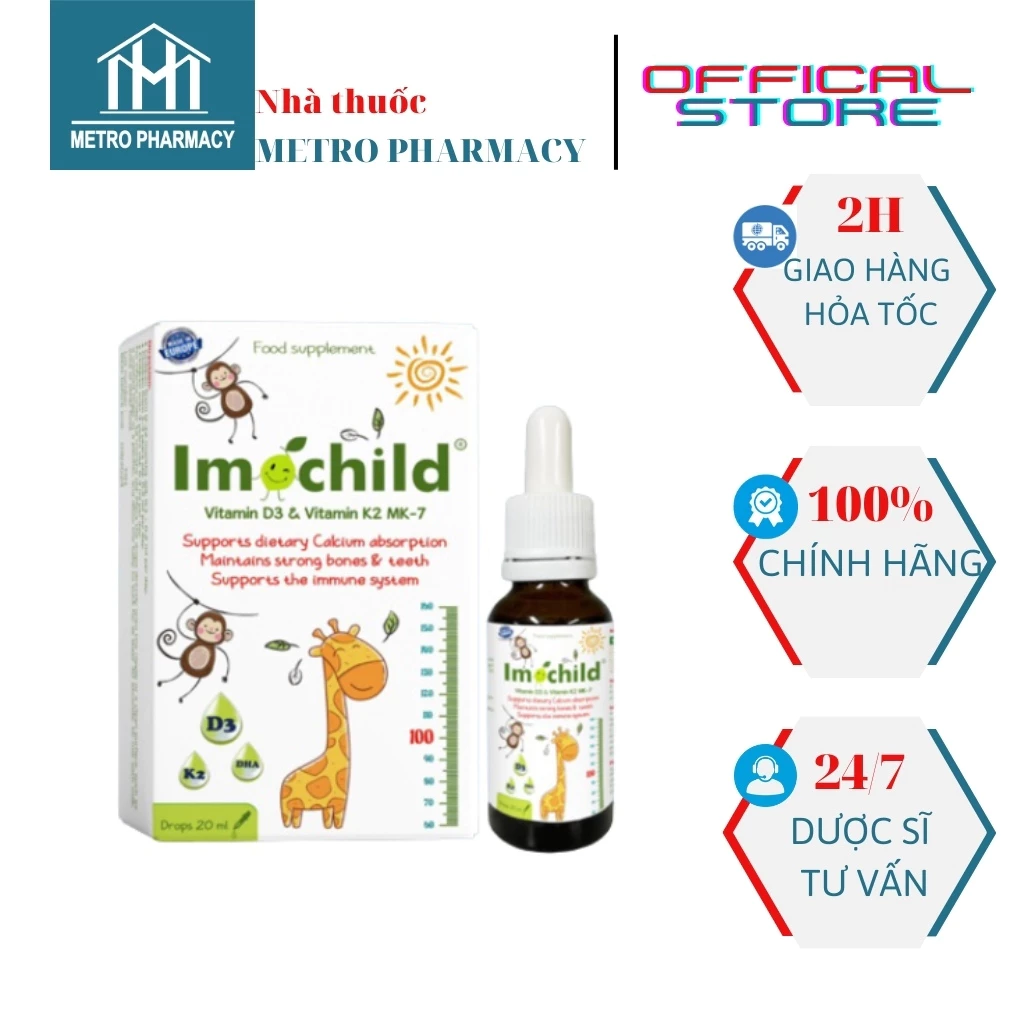 Imochild D3K2 bổ sung vitamin D3, K2-MK7 và DHA, hỗ trợ bé phát triển chiều cao và trí não-Nhập khẩu Tây Ban Nha