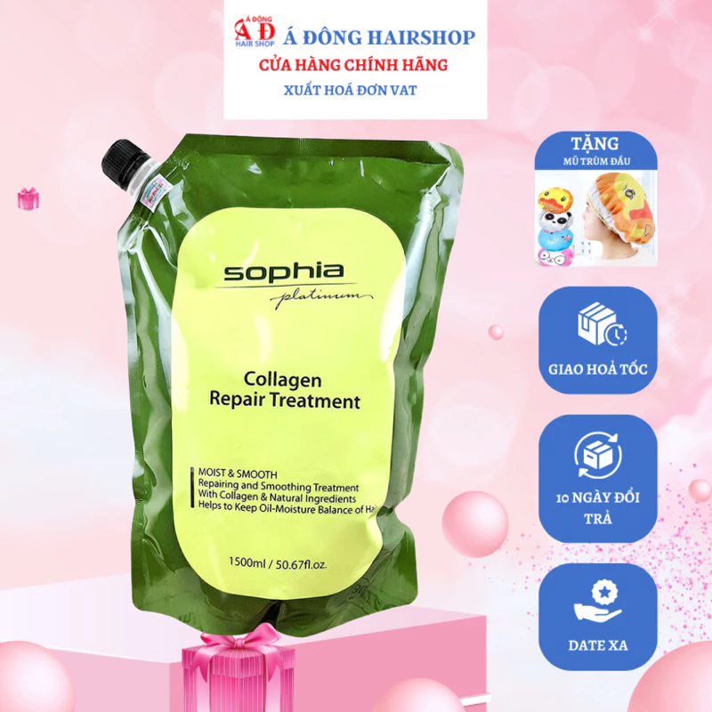 [+Tặng mũ trùm] Hấp dầu phục hồi siêu mượt Sophia Collagen Repair treatment xanh Túi to 1500ml