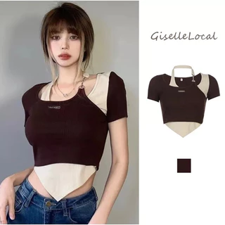 ÁO CROPTOP 2 màu phối vạt kèm xích TINA