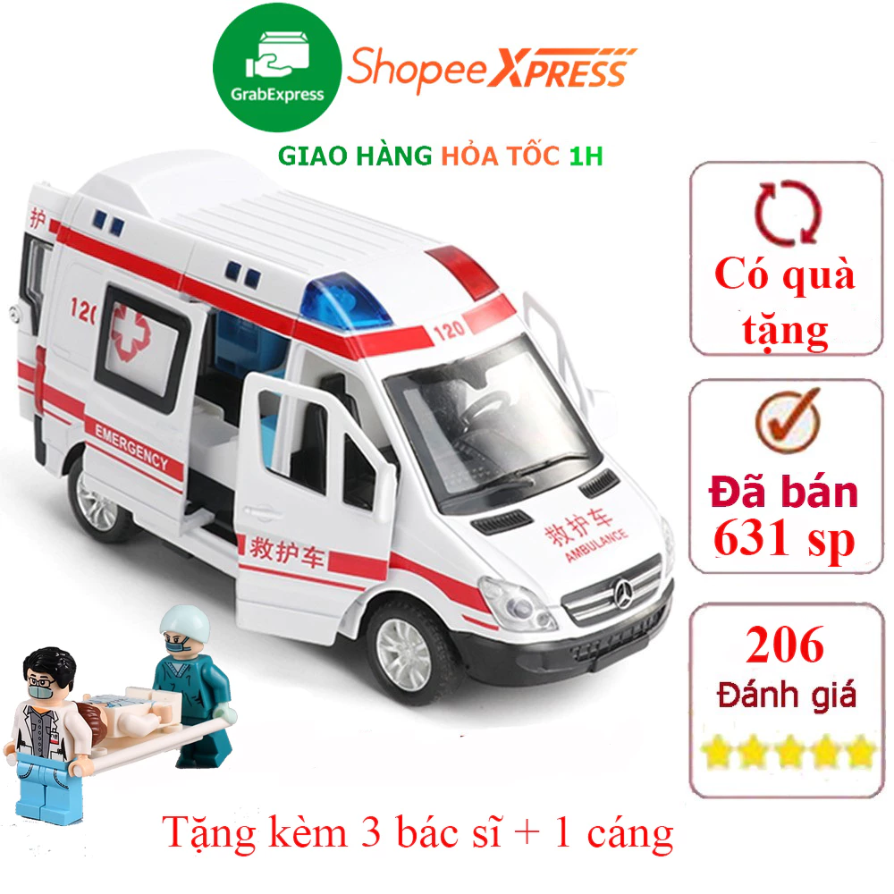 Đồ chơi xe cứu thương có nhạc và đèn chạy cót hiệu Mercedes Benz bằng hợp kim tặng kèm 3 bác sĩ + 1 cáng