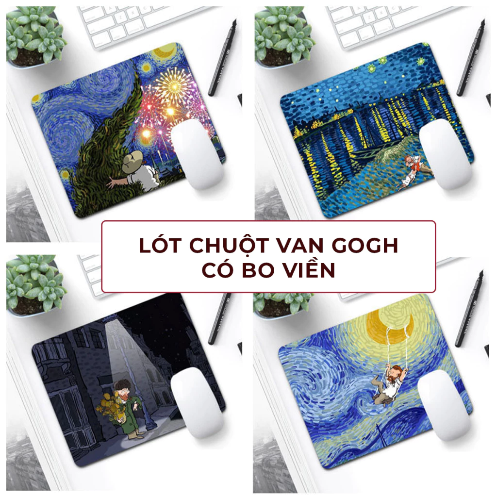 Tấm Lót Chuột - Pad Chuột Máy Tính Cao Cấp Có Bo Viền, Dày 3mm Họa Tiết Trường Phái Hậu Ấn Tượng Của Van Gogh