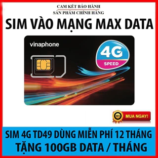 Sim 4G Data Vinaphone 12 tháng TD49 100G/tháng miễn phí không phải nạp thẻ mua về là sử dụng 12 tháng tốc độ cao