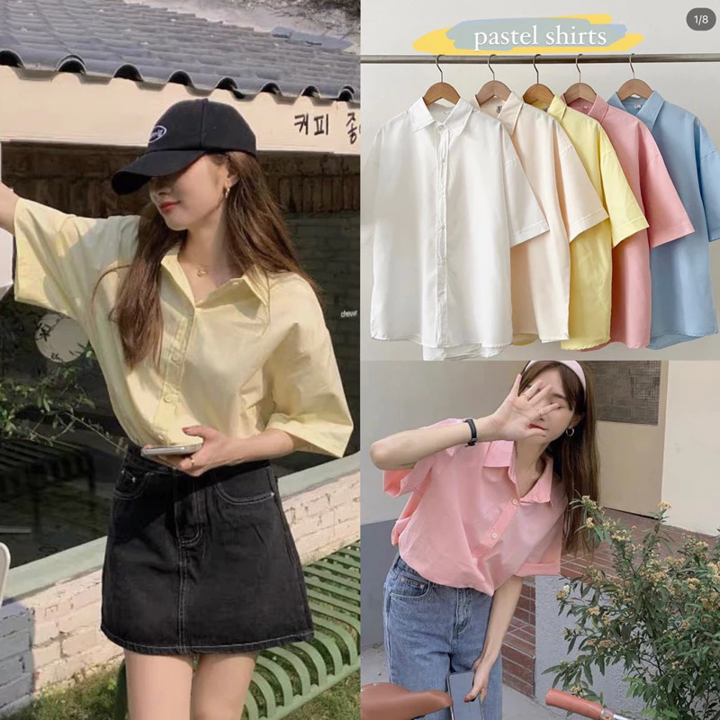 [NEW]ÁO KIỂU NỮ/ÁO SƠMI PASTEL CHẤT THÔ MỀM CỘC TAY phong cách Ulzzang