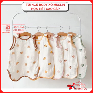 Túi ngủ body xô muslin cao cấp hoạ tiết gấu thỏ hổ khủng long freesize cho bé 6 tháng - 3 tuổi