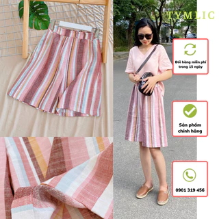 Quần Short Gối Linen Tưng Cạp Chun Màu Kẻ Hồng YMLIC