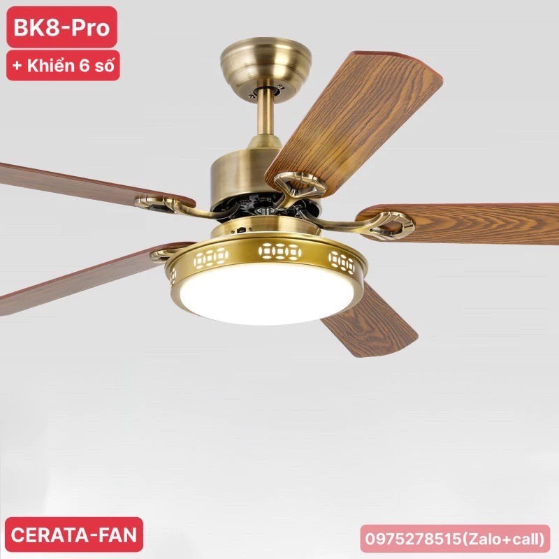 [BH 10 NĂM] Quạt Trần 5 Cánh Gỗ BK8-Promax Lõi Đồng Full 6 Cấp Độ Gió, 3 Chế Độ Đèn LED Lắp Cho Mọi Loại Trần