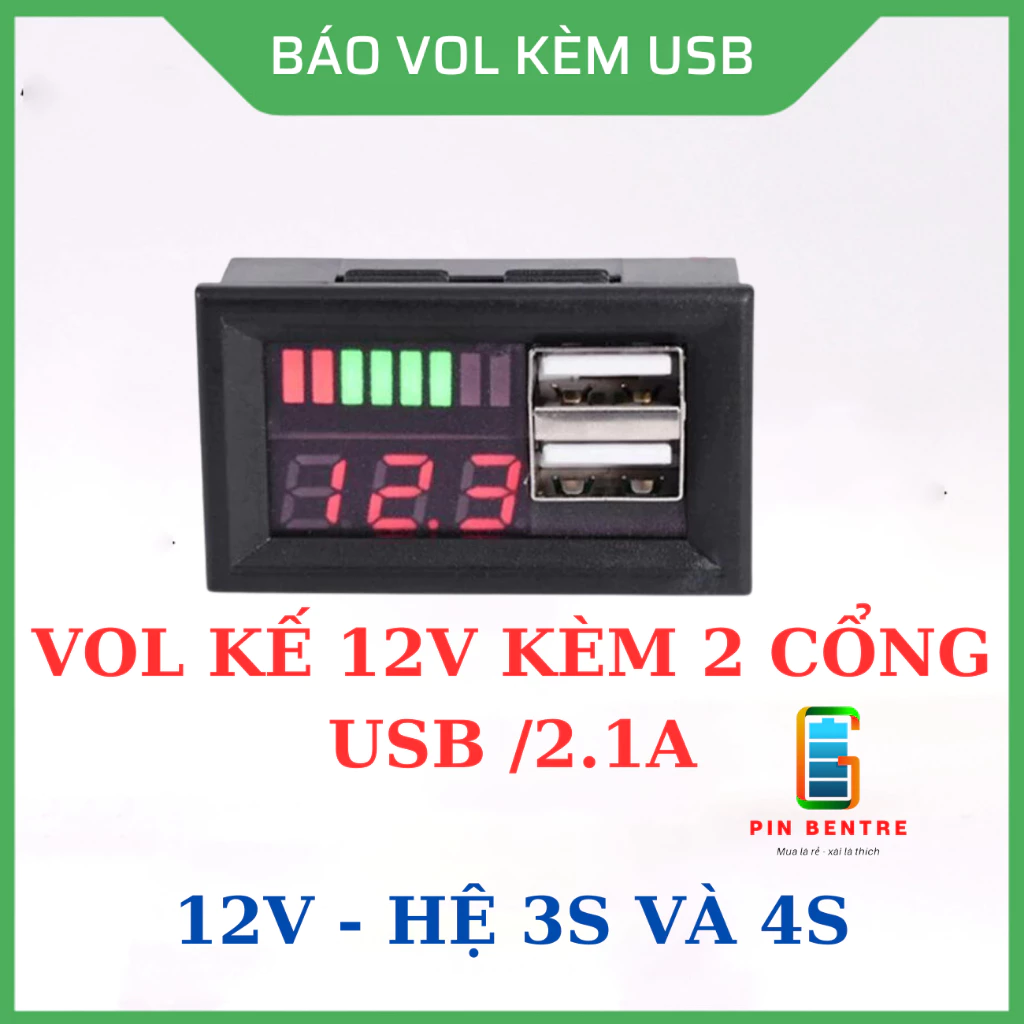 Vol Kế 12V Kèm 2 Cổng USB 2.1A dành hệ Pin 3S và 4S [PBT247]