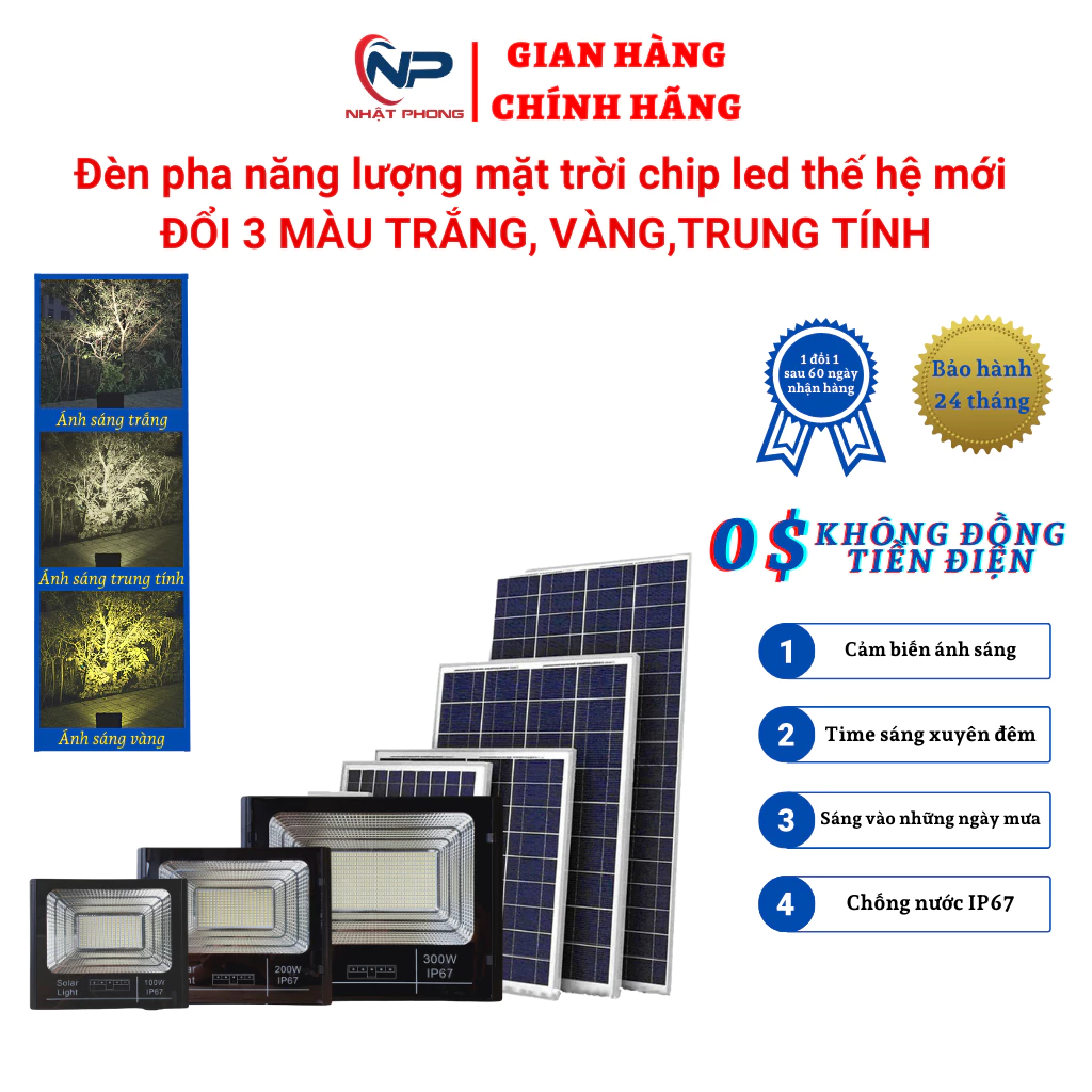 Đèn pha năng lượng mặt trời sân vườn, đèn pha ĐỔI MÀU 100W,200W,300W ÁNH SÁNG TRẮNG,VÀNG,TRUNG TÍNH,điều khiển,cảm biến