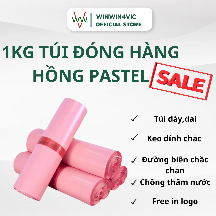 [1Kg] Túi Đóng Hàng Niêm Phong Màu Hồng Pastel, Túi Gói Hàng Niêm Phong 3 Lớp WinWin4Vic | In Logo Miễn Phí