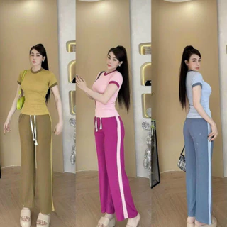 Set Bộ Quần Dài Ống Rộng Kèm Áo Croptop Phối Viền Chất Thun Gân Chính Phẩm Thích Hợp Mặc Đi Tiệc Đi Làm Đi Chơi