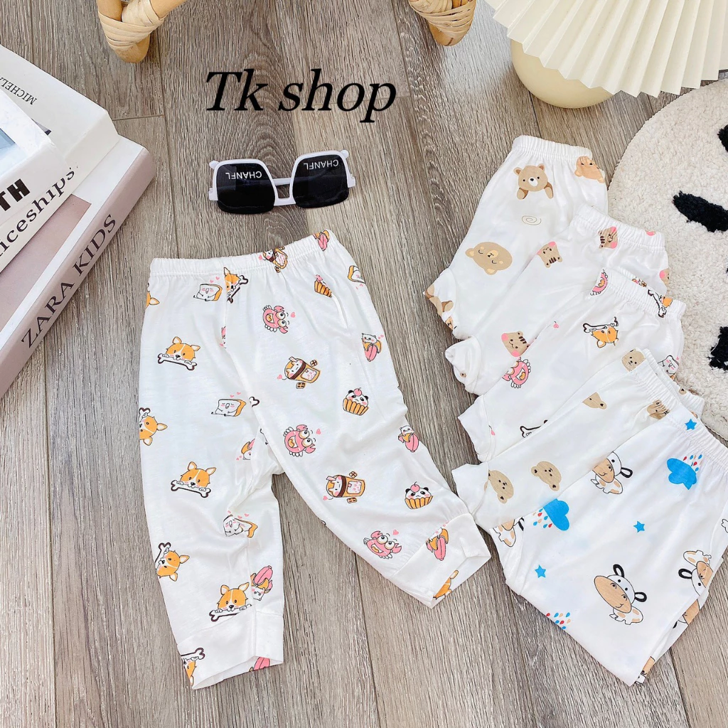 [A143 - Mềm, Mát, Chất PETIT] Combo 5 Quần Dài Thun Lạnh Sơ Sinh Đáp Đũng Đóng Bỉnh Cho Bé Trai Bé Gái NềnTrắng Họa Tiết