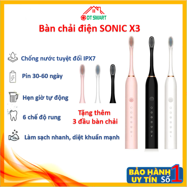 Bàn chải điện DT SMART Sonic X3 pro 6 chế độ đánh răng tự động với lông chải mềm mịn, chống nước tuyệt đối