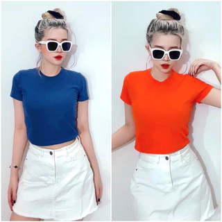 Áo croptop ôm cổ tròn thun xốp trơn 2 màu