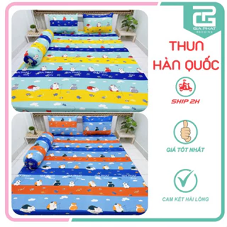 Bộ ga giường, Ga trải giường Thun Lạnh Hàn Quốc 4 món họa tiết  (1 ga bọc + 2 vỏ gối nằm + 1 vỏ gối ôm)