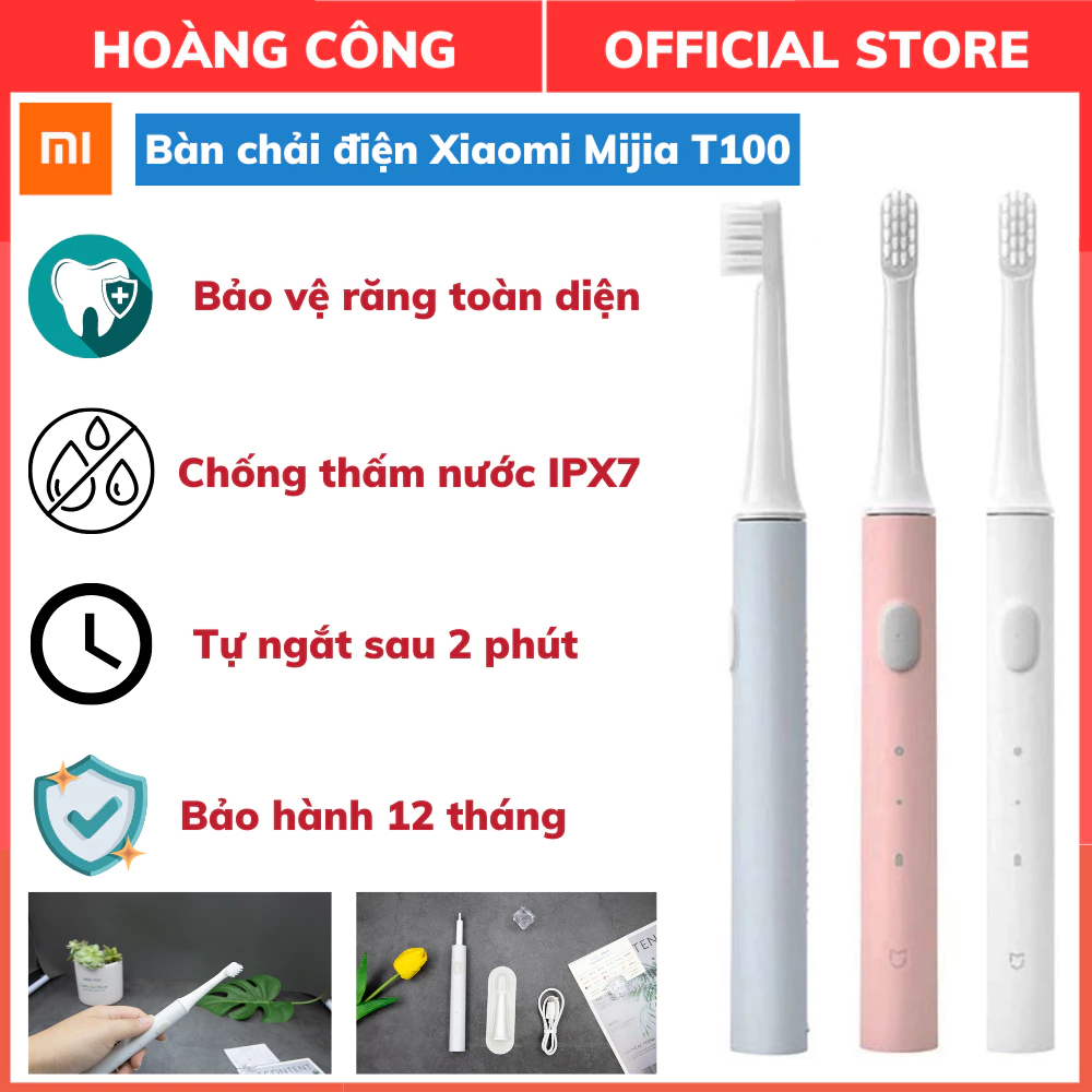 Bàn chải điện Xiaomi Mijia T100, Bảo vệ răng toàn diện, Kháng nước IPX7, Tự động ngắt sau 2 phút, Bảo hành 12 tháng