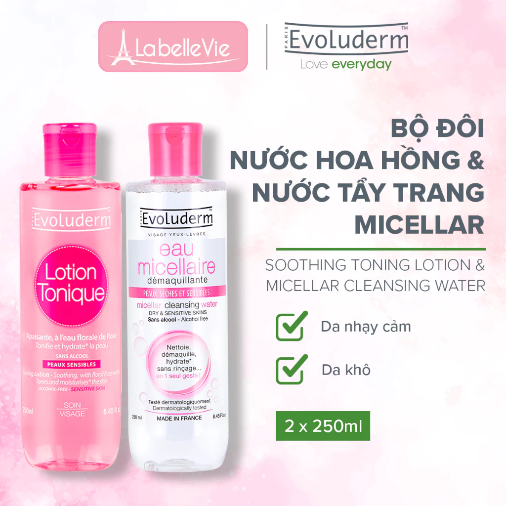 Bộ chăm sóc da nước tẩy trang và nước hoa hồng dành cho khô và nhạy cảm Evoluderm dưỡng ẩm da, cho da mịn màng 250ml