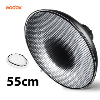 Beauty dish 55cm GODOX ngàm Bowen, kèm lưới tổ ong, vải trắng bao phủ.