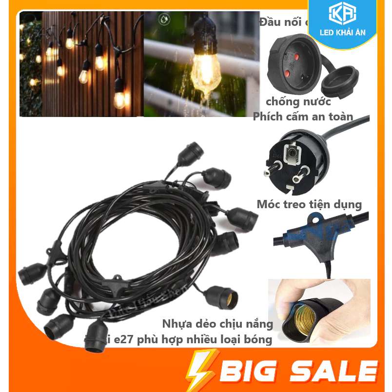Bộ Dây Đèn Ngoài Trời Dài 5M 10 Đuôi Đèn E27 Khải Ân, Trang Trí Sân Vườn, Decor Trang Trí, Ngoài Trời