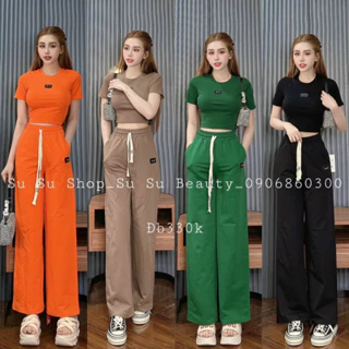 Set bộ thun gân quần suông dài in logo nhỏ trên áo, Set quần ống rộng mix áo thun cổ tròn ôm dáng croptop, Set bộ thể th