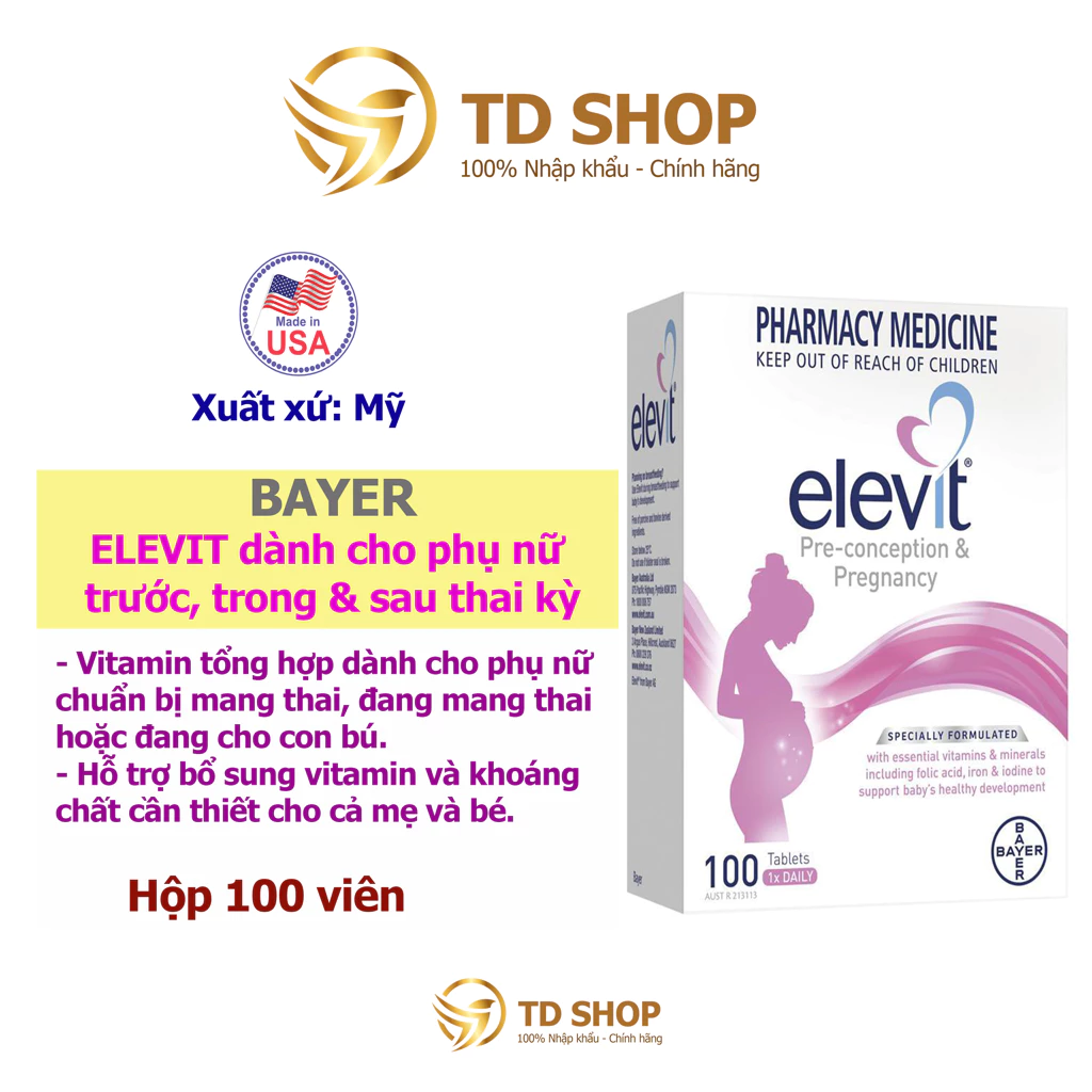 [NK Úc] Elevit bầu Úc - Vitamin Tổng Hợp cho bà Bầu 100 viên mẫu mới date mới, giúp mẹ bầu khỏe, con khỏe - TD Shop