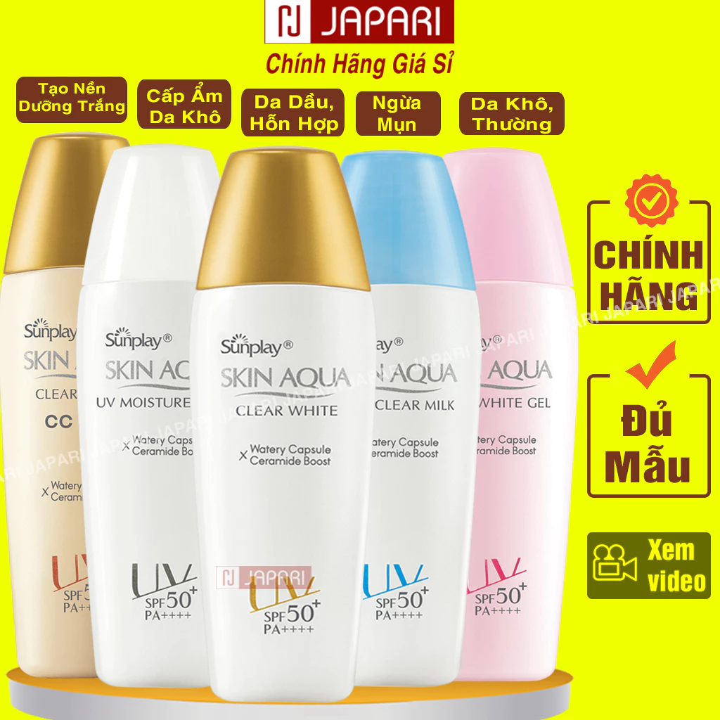 [CHÍNH HÃNG] Kem Chống Nắng Sunplay Skin Aqua Cho Da Mặt, Toàn Thân Kcn Sữa/Gel Nắp Vàng/xanh/hồng/trắng Mỹ Phẩm JAPARI