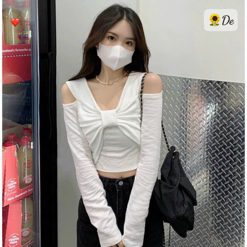 Áo croptop tay dài khoét vai nơ ngực