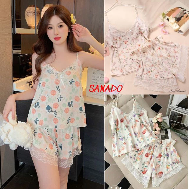 Bộ ngủ lụa SANADO đồ ngủ đồ mặc nhà 2 dây cute dễ thương BL06