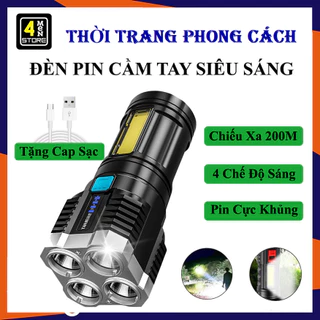 Đèn Pin Cầm Tay Siêu Sáng 4 Bóng Chiếu Xa 200M 4 Chế Độ Sáng Kèm Cáp Sạc Cao Cấp ,  Chống Thấm Nước , Có COB Led hông