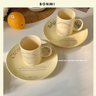 Set cốc dĩa sứ in chữ Cream color màu kem phong cách Hàn Quốc Bonmi Decor