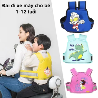 Đai xe máy cho bé 1-12 tuổi, Đai an toàn cho bé đi xe máy có dải phản quang cao cấp, khóa bấm 4 chiều dễ sử dụng