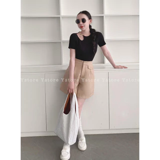 Áo thun nữ trơn ôm, áo thun croptop  đen gân khoét vai bigsize 45-70kg YSTORE