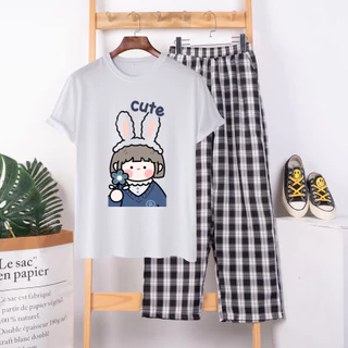 Sét Đồ Nữ Đẹp Mặc Đi Chơi Xinh Cute YEGO Fashion Áo Thun Trắng In Họat Hình 3D Bé Thỏ Cute Kèm Quần Ống Rộng Kẻ Đen