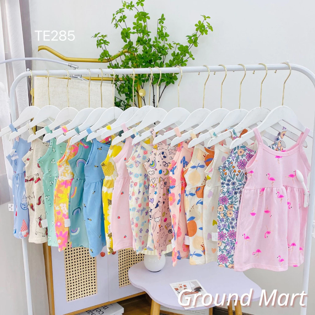 Váy 2 dây cho bé gái vải cotton xuất Hàn siêu mềm, thoáng mát, họa tiết dễ thương size từ 6 đến 18 kg
